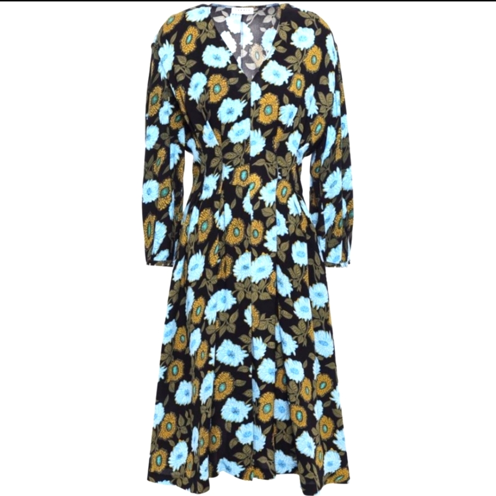 Sandro Black and Blue Floral Midi Dress